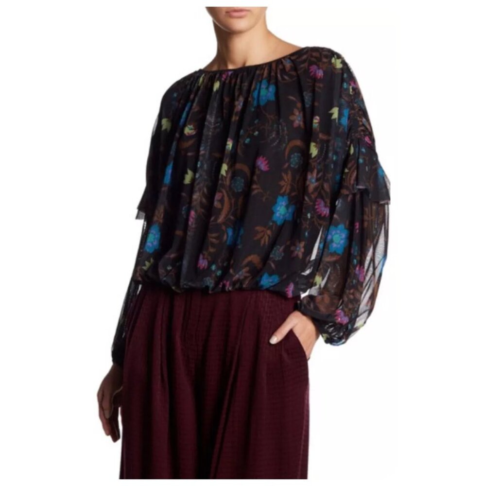 !! Free People Black Wildflower Honey Floral Long Sleeve Lined Mesh Top - Picture 3 of 8